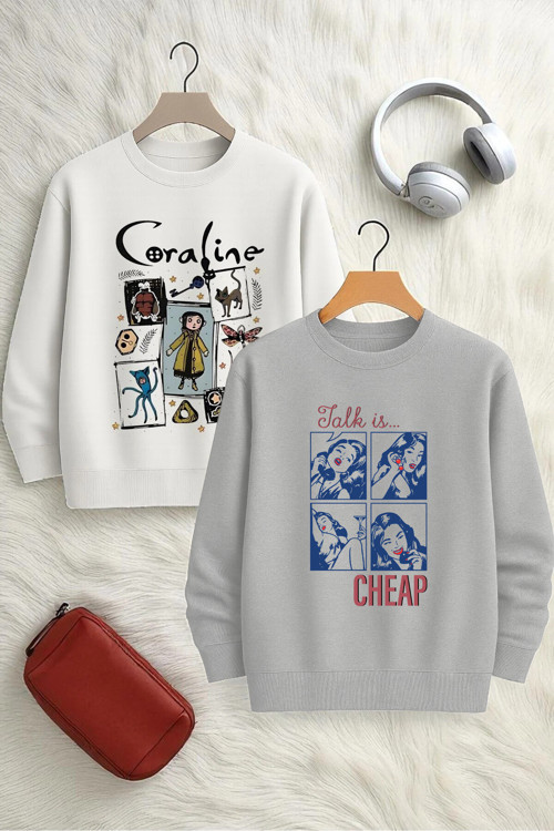 Unisex 2'Li Baskılı Bisiklet Yaka Sweatshirt