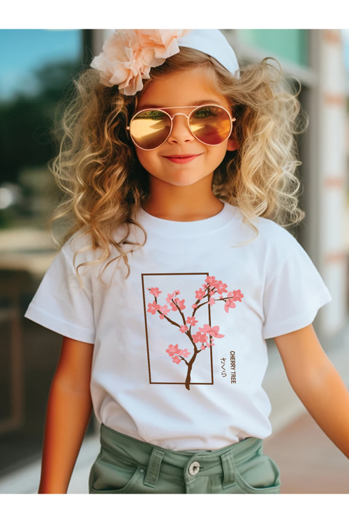 Çocuk Kiiraz Ağacı Baskılı Pamuklu Tshirt