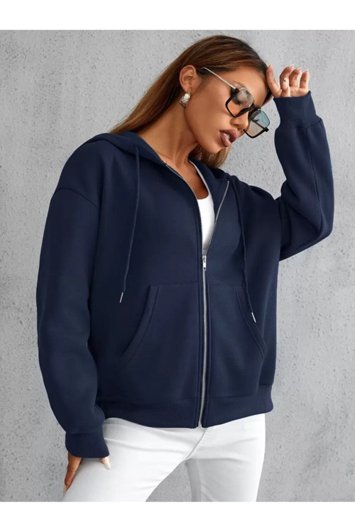 Unisex Lacivert Fermuar Kapüşonlu Sweatshirt