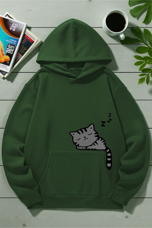 Unisex Uyuyan Kedi Baskılı Kapüşonlu Sweatshirt
