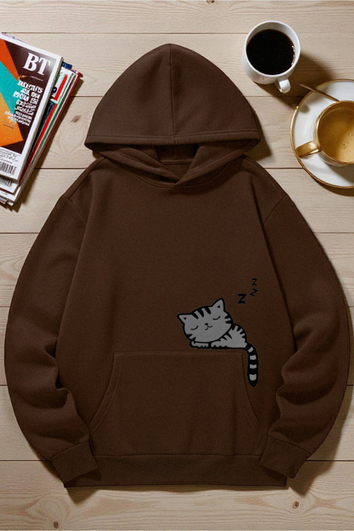 Unisex Uyuyan Kedi Baskılı Kapüşonlu Sweatshirt