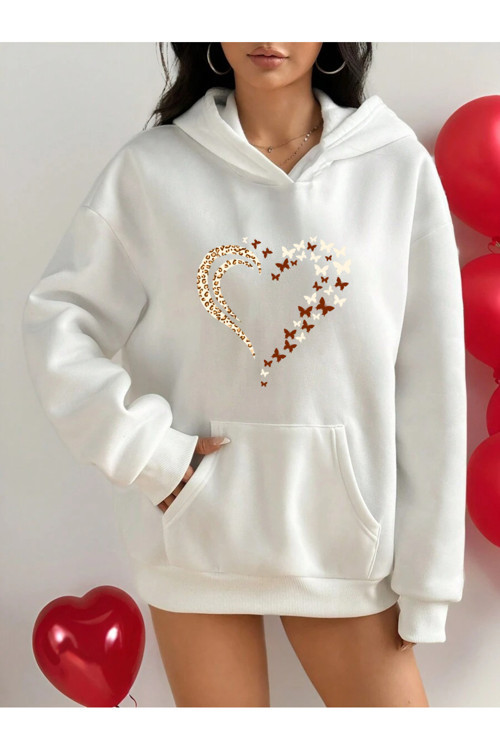 Unisex Leopar Kalp Desenli Baskılı Oversize Sweatshirt