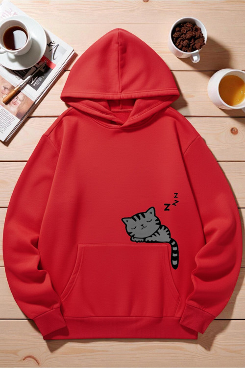 Unisex Uyuyan Kedi Baskılı Kapüşonlu Sweatshirt
