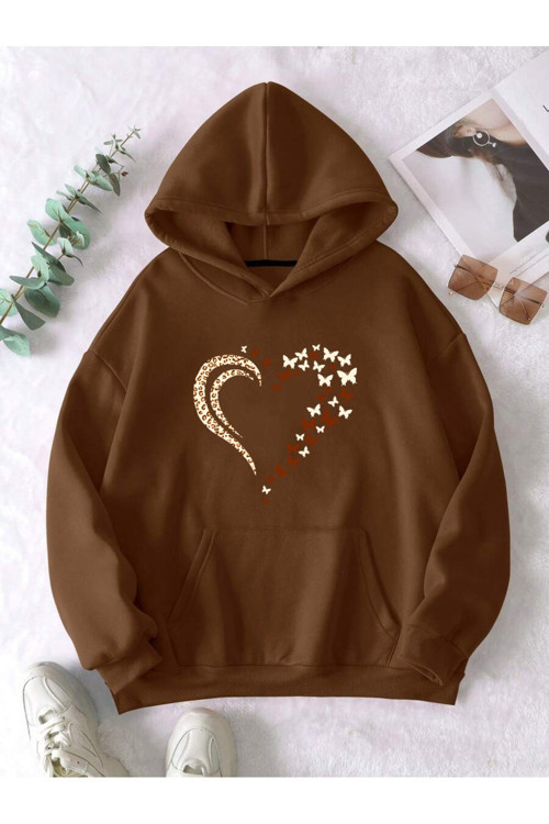 Unisex Leopar Kalp Desenli Baskılı Oversize Sweatshirt