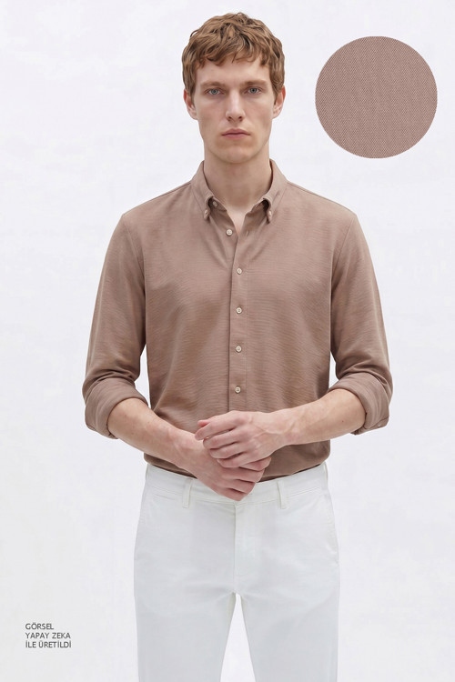 Erkek Vizon Pamuklu Tailored Slim Fit Dar Kesim Düğmeli Yaka Örme Gömlek