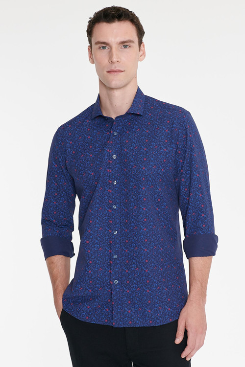 Erkek Lacivert-Mavi Pamuklu Slim Fit Dar Kesim Küçük İtalyan Yaka Baskılı Gömlek