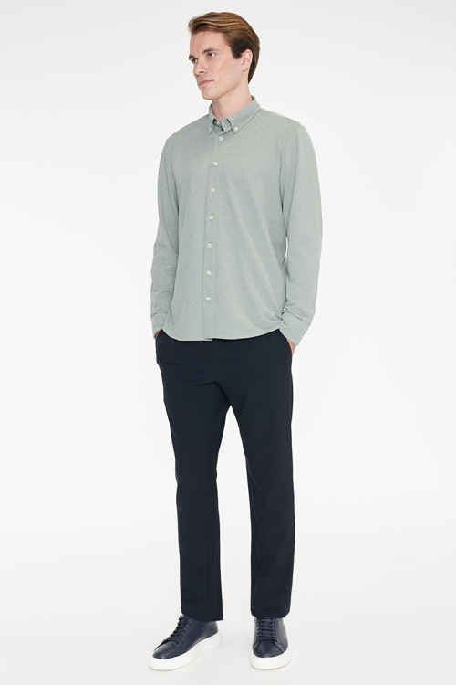 Erkek Haki Pamuklu Tailored Slim Fit Dar Kesim Düğmeli Yaka Örme Gömlek