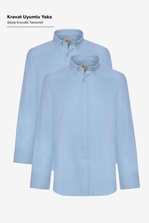 Erkek Mavi 2'li Pamuklu Kolay Ütülenebilir Slim Fit Dar Kesim Oxford Gömlek Paketi