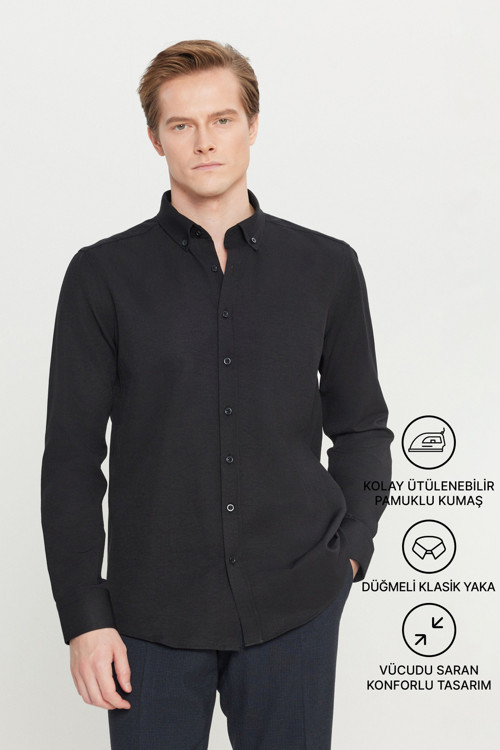 Erkek Siyah Tailored Slim Fit Dar Kesim Düğmeli Yaka Oxford Gömlek