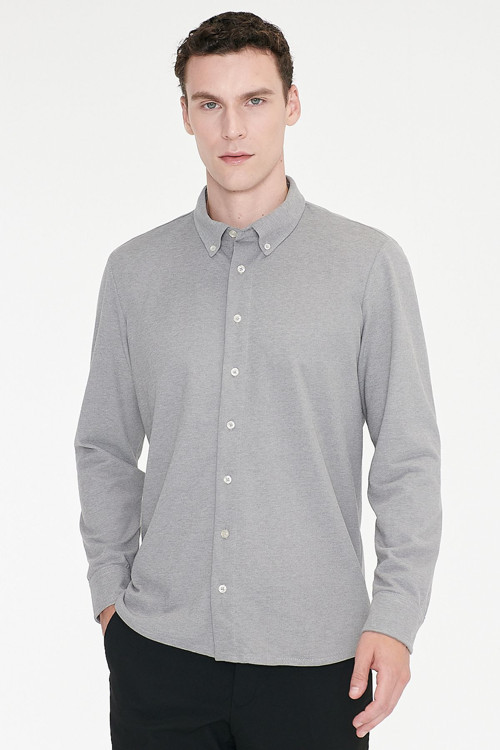 Erkek Gri Pamuklu Tailored Slim Fit Dar Kesim Düğmeli Yaka Örme Gömlek