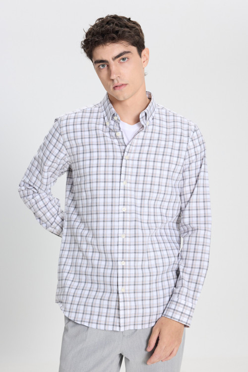 Erkek Beyaz-Antrasit %100 Pamuk Slim Fit Dar Kesim Düğmeli Yaka Kareli Flanel Gömlek
