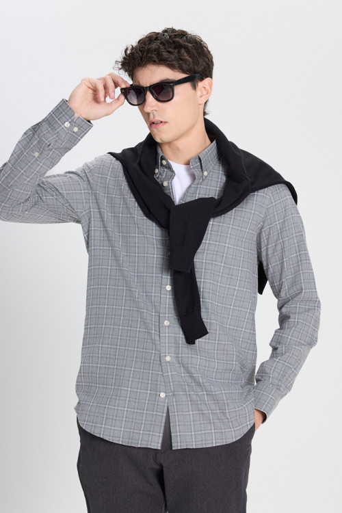 Erkek Antrasit-Gri %100 Pamuk Slim Fit Dar Kesim Düğmeli Yaka Kareli Flanel Gömlek