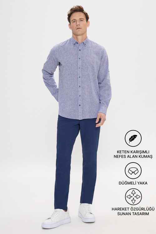 Erkek Lacivert Comfort Fit Rahat Kesim Düğmeli Yaka Casual Keten Gömlek