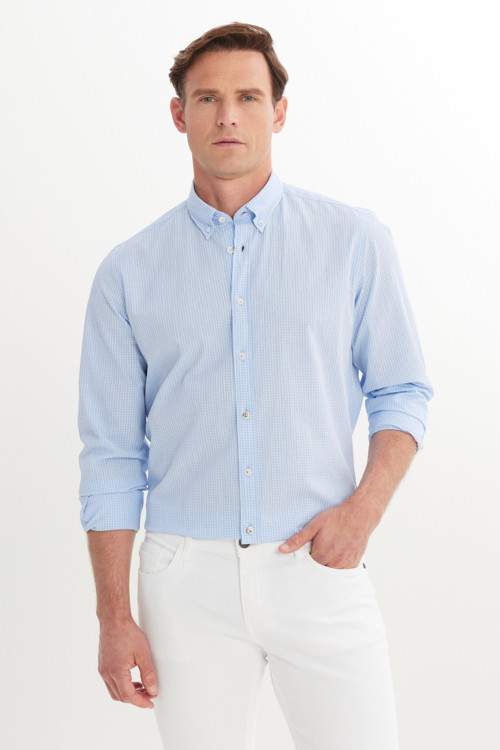Erkek Beyaz-Mavi Pamuklu Slim Fit Dar Kesim Düğmeli Yaka Kareli Gömlek