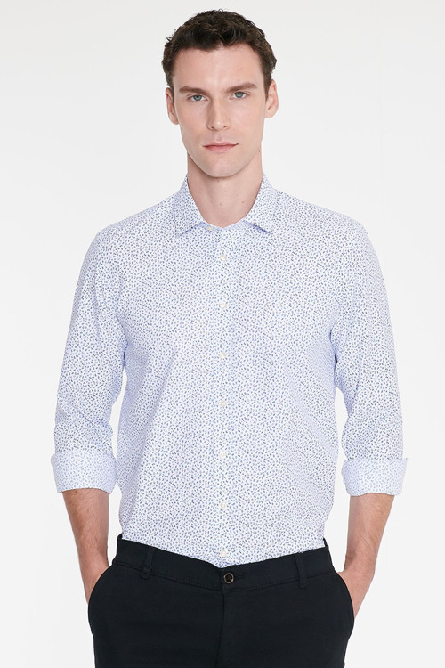 Erkek Beyaz-Mavi Pamuklu Slim Fit Dar Kesim Klasik Yaka Baskılı Gömlek