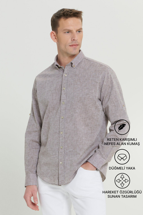 Erkek Kahverengi Comfort Fit Rahat Kesim Düğmeli Yaka Casual Keten Gömlek