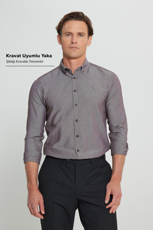 Erkek Kahverengi Tailored Slim Fit Dar Kesim Düğmeli Yaka Oxford Gömlek