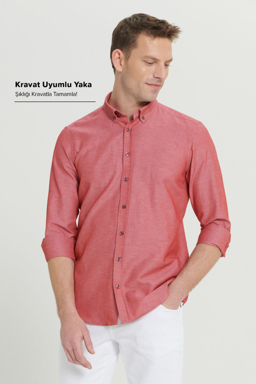 Erkek Bordo Tailored Slim Fit Dar Kesim Düğmeli Yaka Oxford Gömlek