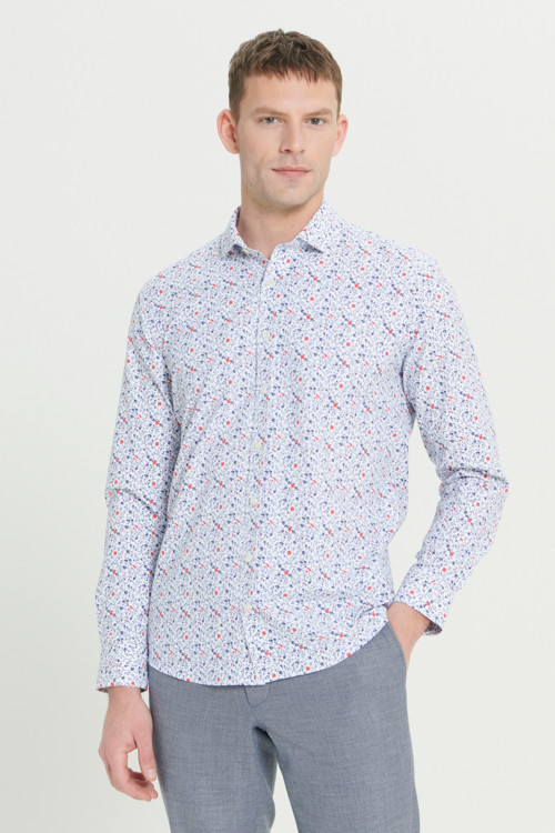 Erkek Beyaz-Lacivert Pamuklu Slim Fit Dar Kesim Küçük İtalyan Yaka Baskılı Gömlek