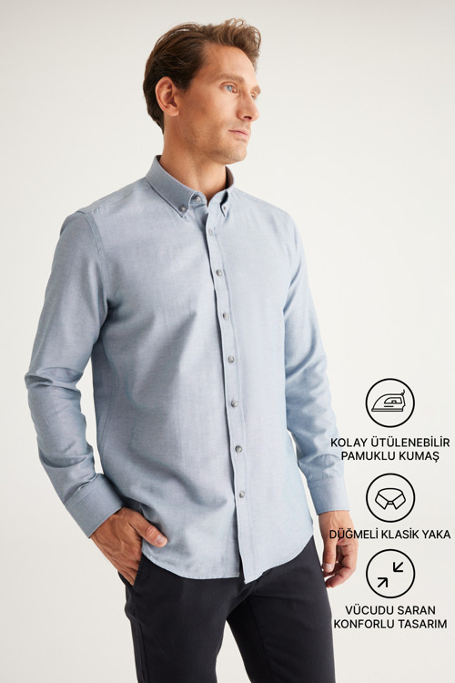 Erkek Gri Tailored Slim Fit Dar Kesim Düğmeli Yaka Oxford Gömlek