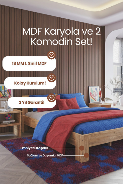 Letto Çift Kişilik MDF Karyola ve 2 Komodinli Set
