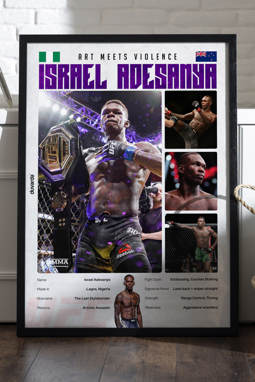 Israel Adesanya Siyah Ahşap Çerçeveli Poster, Dekoratif Dövüş Duvar Tablosu
