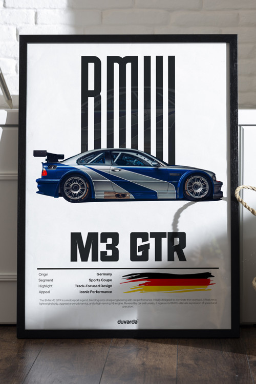 Bmw M3 Gtr Araba Siyah Ahşap Çerçeveli Poster, Dekoratif Duvar Tablosu