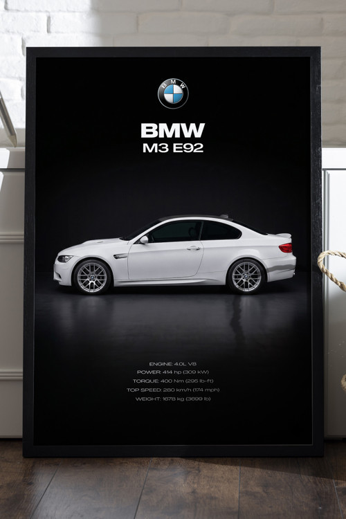 BMW M3 E92 Siyah Ahşap Çerçeveli Poster, Dekoratif Araba Duvar Tablosu