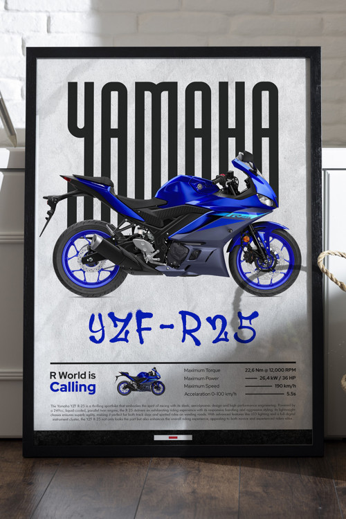 Yamaha YZF-R25 Siyah Ahşap Çerçeveli Poster, Dekoratif Motosiklet Duvar Tablosu