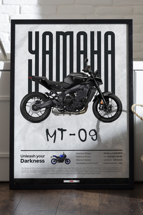 Yamaha MT-09 Siyah Ahşap Çerçeveli Poster, Dekoratif Motosiklet Duvar Tablosu