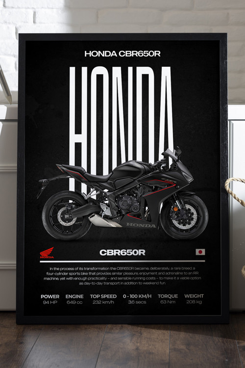 Honda CBR 650R Siyah Ahşap Çerçeveli Poster, Dekoratif Motosiklet Duvar Tablosu