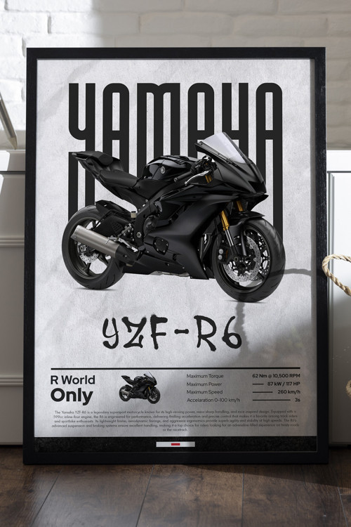 Yamaha YZF-R6 Siyah Ahşap Çerçeveli Poster, Dekoratif Motosiklet Duvar Tablosu