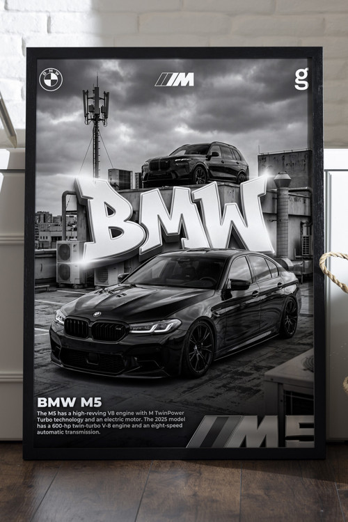 BMW M5 Siyah Ahşap Çerçeveli Poster, Dekoratif Araba Duvar Tablosu
