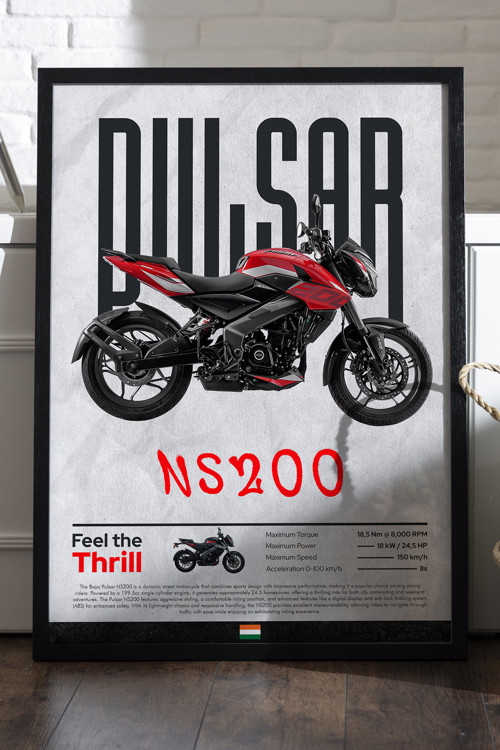 Bajaj Pulsar NS 200 Siyah Ahşap Çerçeveli Poster, Dekoratif Motosiklet Duvar Tablosu