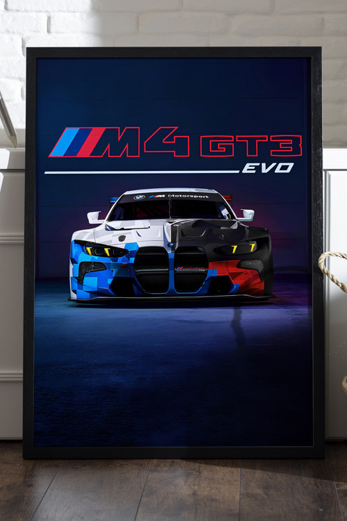 BMW M4 GT3 Evo Siyah Ahşap Çerçeveli Poster, Dekoratif Araba Duvar Tablosu