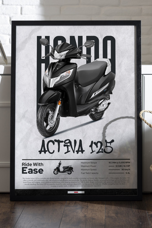 Honda Activa 125 Siyah Ahşap Çerçeveli Poster, Dekoratif Motosiklet Duvar Tablosu