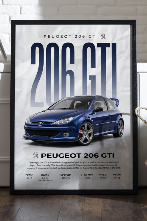 Peugeot 206 GTI Siyah Ahşap Çerçeveli Poster, Dekoratif Araba Duvar Tablosu