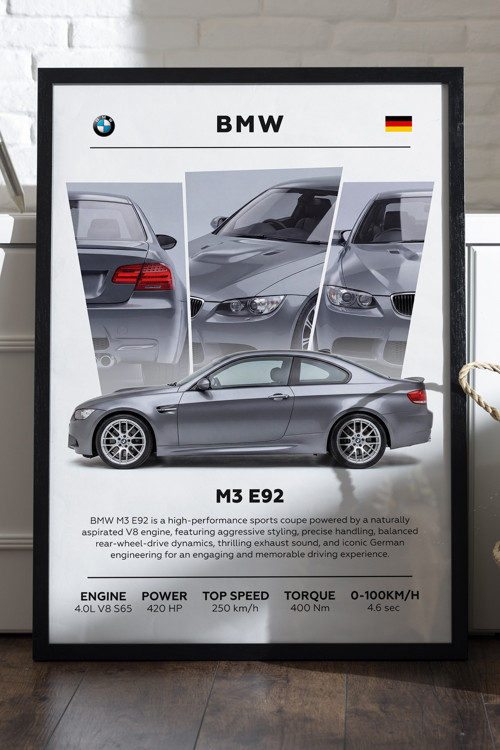BMW M3 E92 Siyah Ahşap Çerçeveli Poster, Dekoratif Araba Duvar Tablosu
