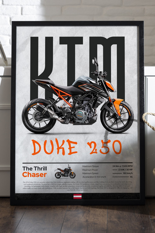 KTM Duke 250 Siyah Ahşap Çerçeveli Poster, Dekoratif Motosiklet Duvar Tablosu