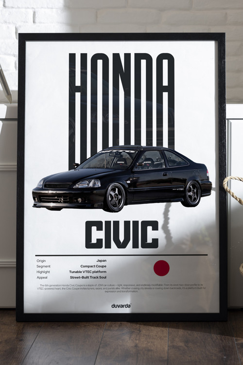 Honda Civic Araba Siyah Ahşap Çerçeveli Poster, Dekoratif Duvar Tablosu