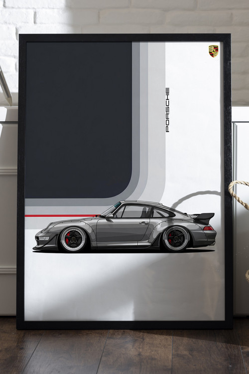 Porsche 911 Siyah Ahşap Çerçeveli Poster, Dekoratif Araba Duvar Tablosu