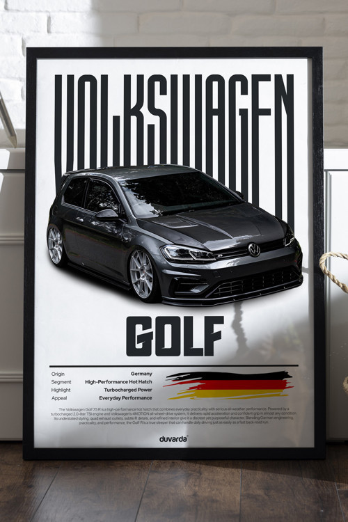 Volkswagen Golf 7.5 Siyah Ahşap Çerçeveli Poster, Dekoratif Araba Duvar Tablosu