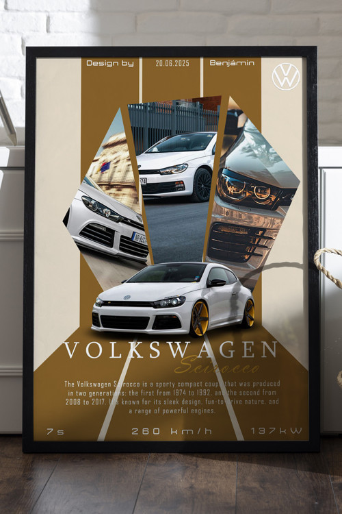 Volkswagen Scirocco Siyah Ahşap Çerçeveli Poster, Dekoratif Araba Duvar Tablosu