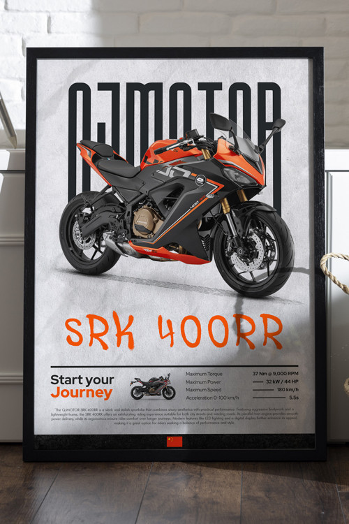 QJ Motor SRK 400RR Siyah Ahşap Çerçeveli Poster, Dekoratif Motosiklet Duvar Tablosu