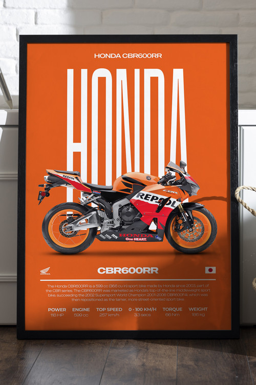Honda CBR 600RR Siyah Ahşap Çerçeveli Poster, Dekoratif Motosiklet Duvar Tablosu