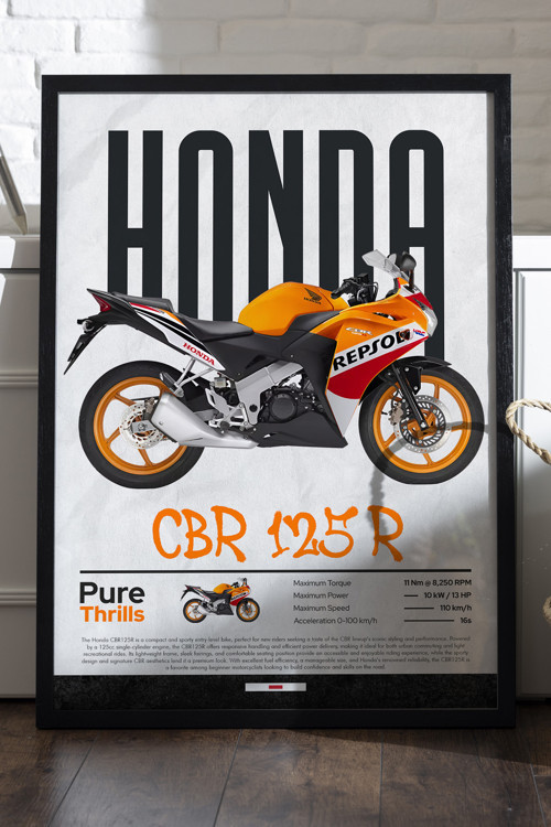 Honda CBR 125R Siyah Ahşap Çerçeveli Poster, Dekoratif Motosiklet Duvar Tablosu