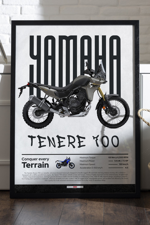 Yamaha Tenere 700 Siyah Ahşap Çerçeveli Poster, Dekoratif Motosiklet Duvar Tablosu