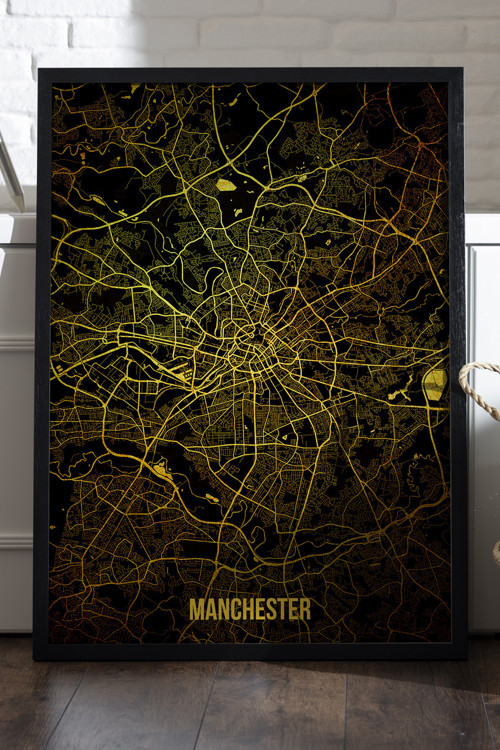 Manchester Şehir Haritası Siyah Ahşap Çerçeveli Poster, Dekoratif Harita Duvar Tablosu