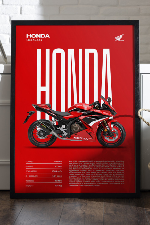 Honda CBR 500R Siyah Ahşap Çerçeveli Poster, Dekoratif Motosiklet Duvar Tablosu