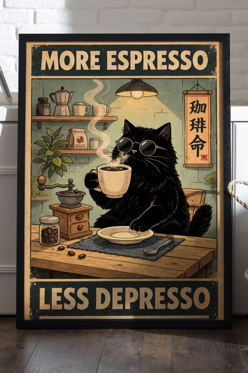Espresso Cat Siyah Ahşap Çerçeveli Poster, Dekoratif Kahve Duvar Tablosu